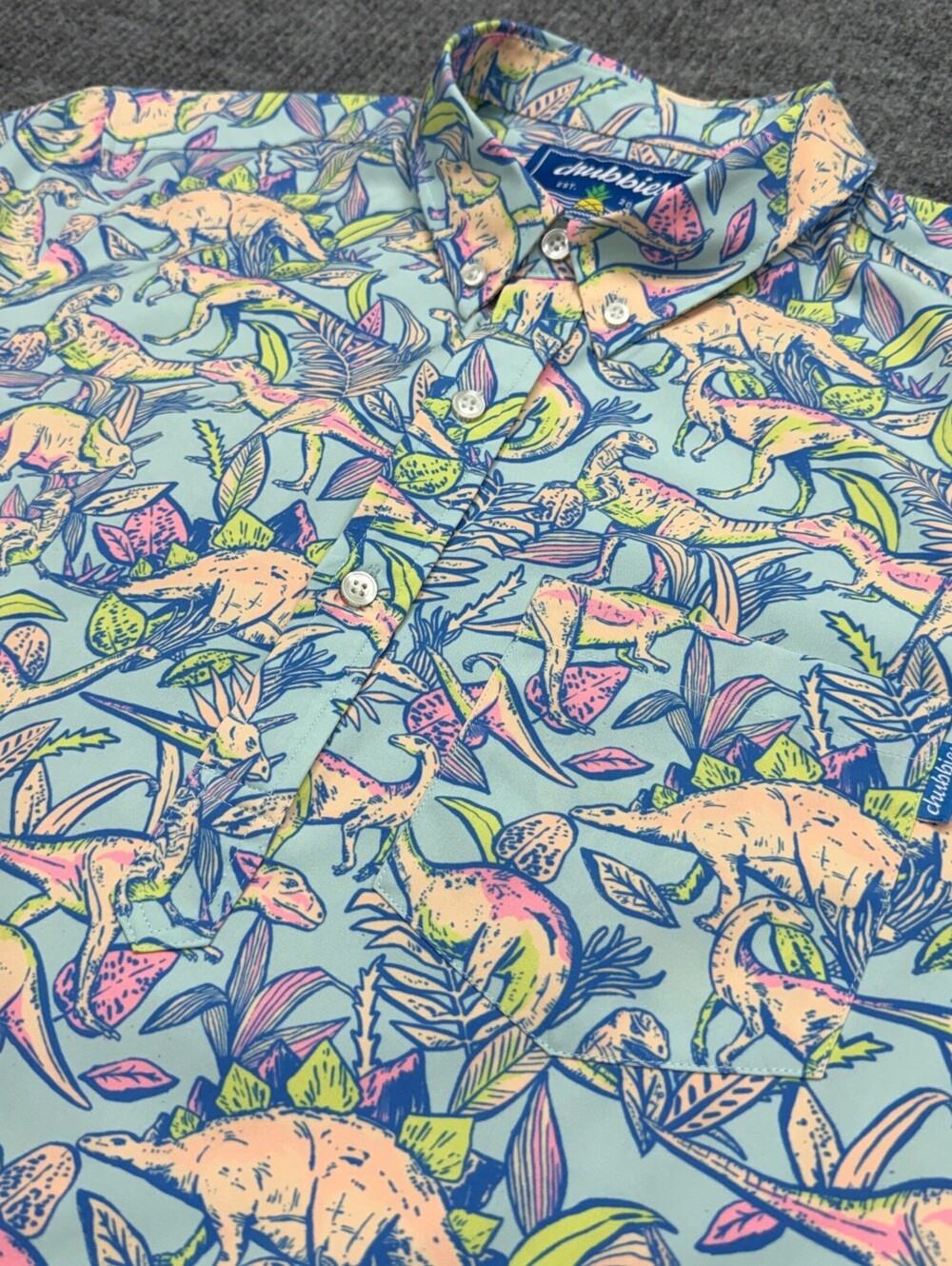 Chubbies Polo Button Down Shirt Mens L Colorful Dinosaur AOP Geometric Casual